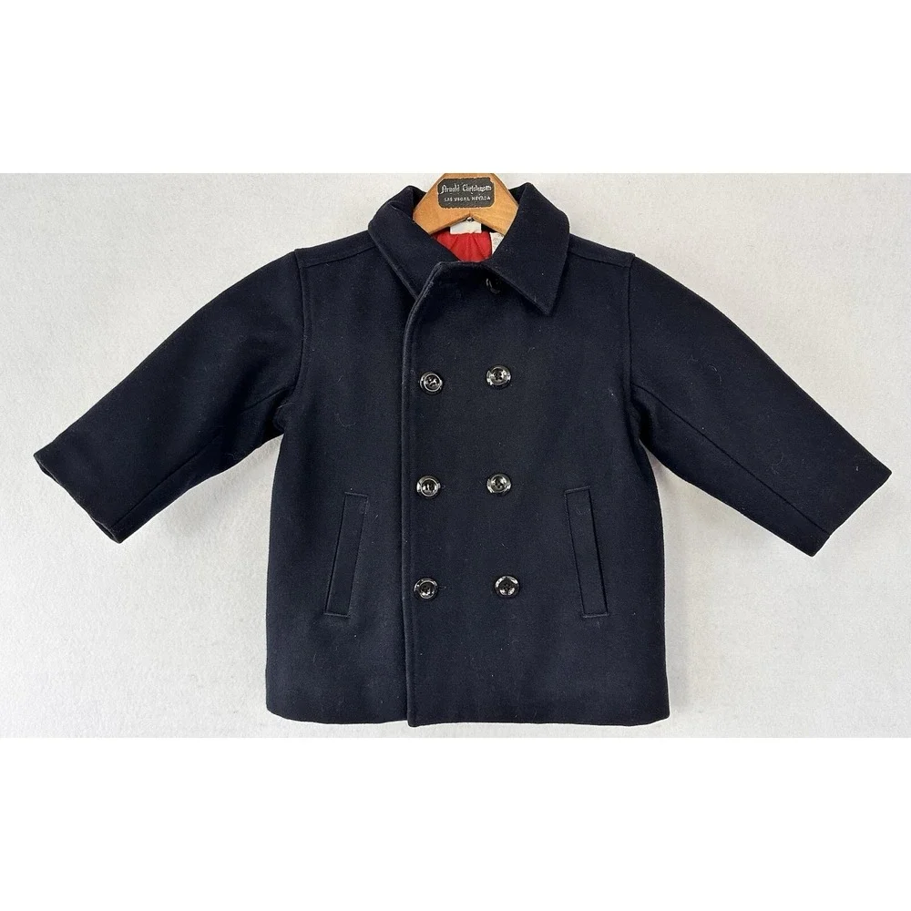 Toddler Wool Blend Pea Coat Retro Navy Blue Buttons Lining 24M Baby